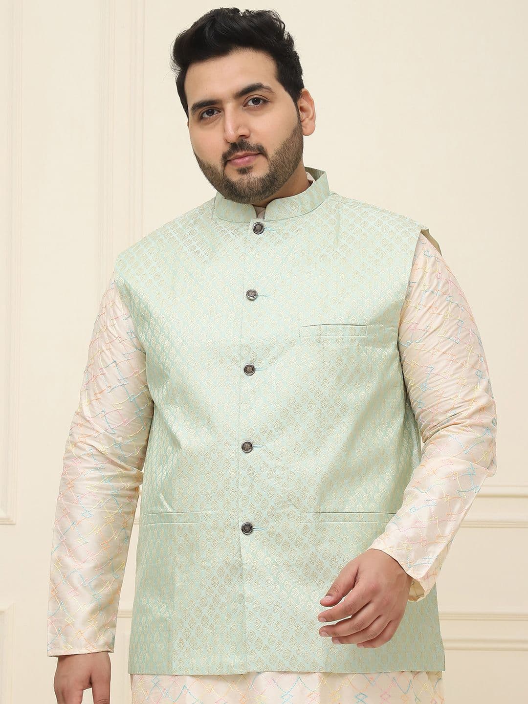 SOJANYA PLUS Men Plus Size Sea Green Ethnic Motifs Woven Design Jacquard Nehru Jacket - view 1