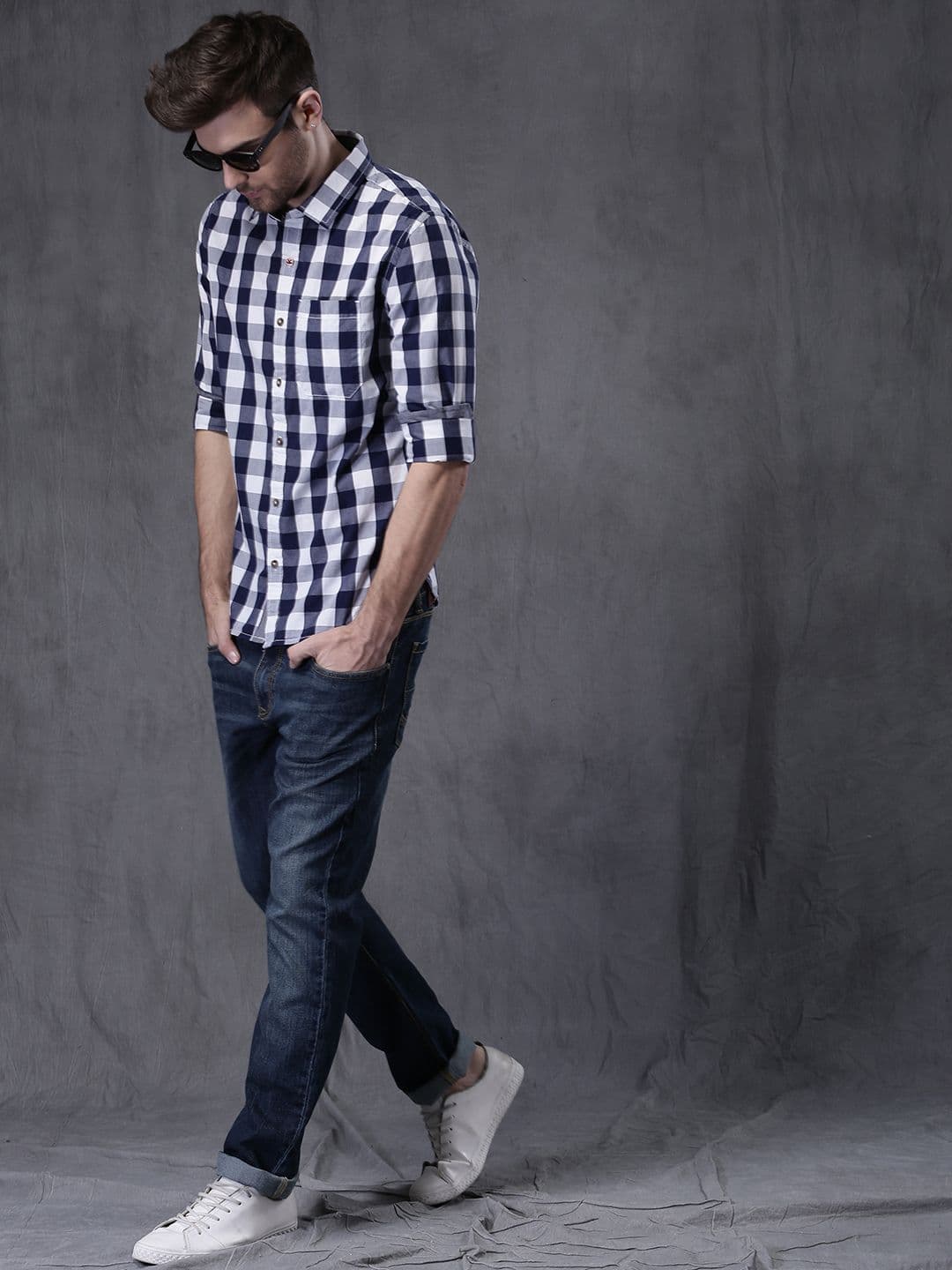 WROGN Men Navy & White Slim Fit Checked Casual Shirt - view 1