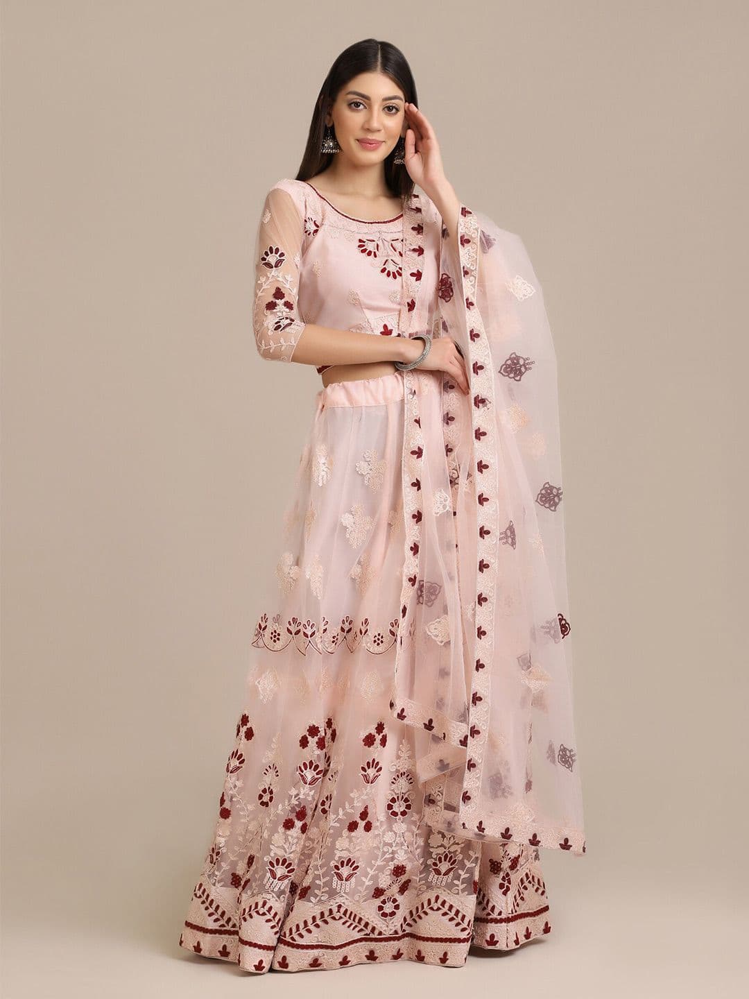 Warthy Ent Pink & Maroon Semi-Stitched Lehenga & Unstitched Blouse With Dupatta - view 1