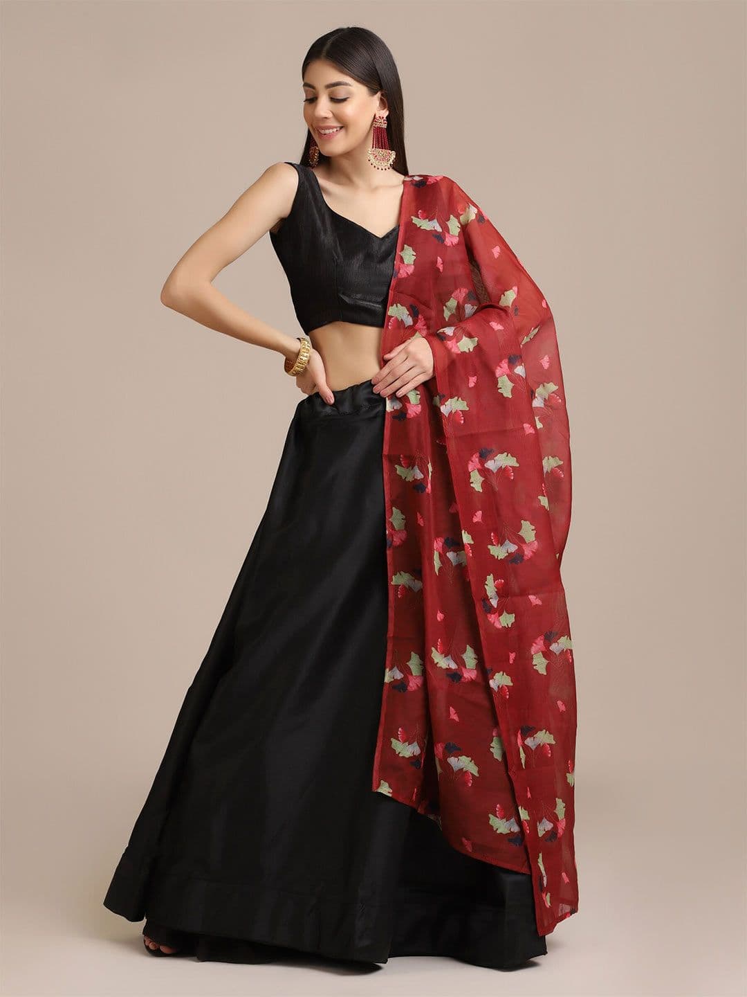 Warthy Ent Black & Red Printed Lehenga & Unstitched Blouse With Dupatta - view 1
