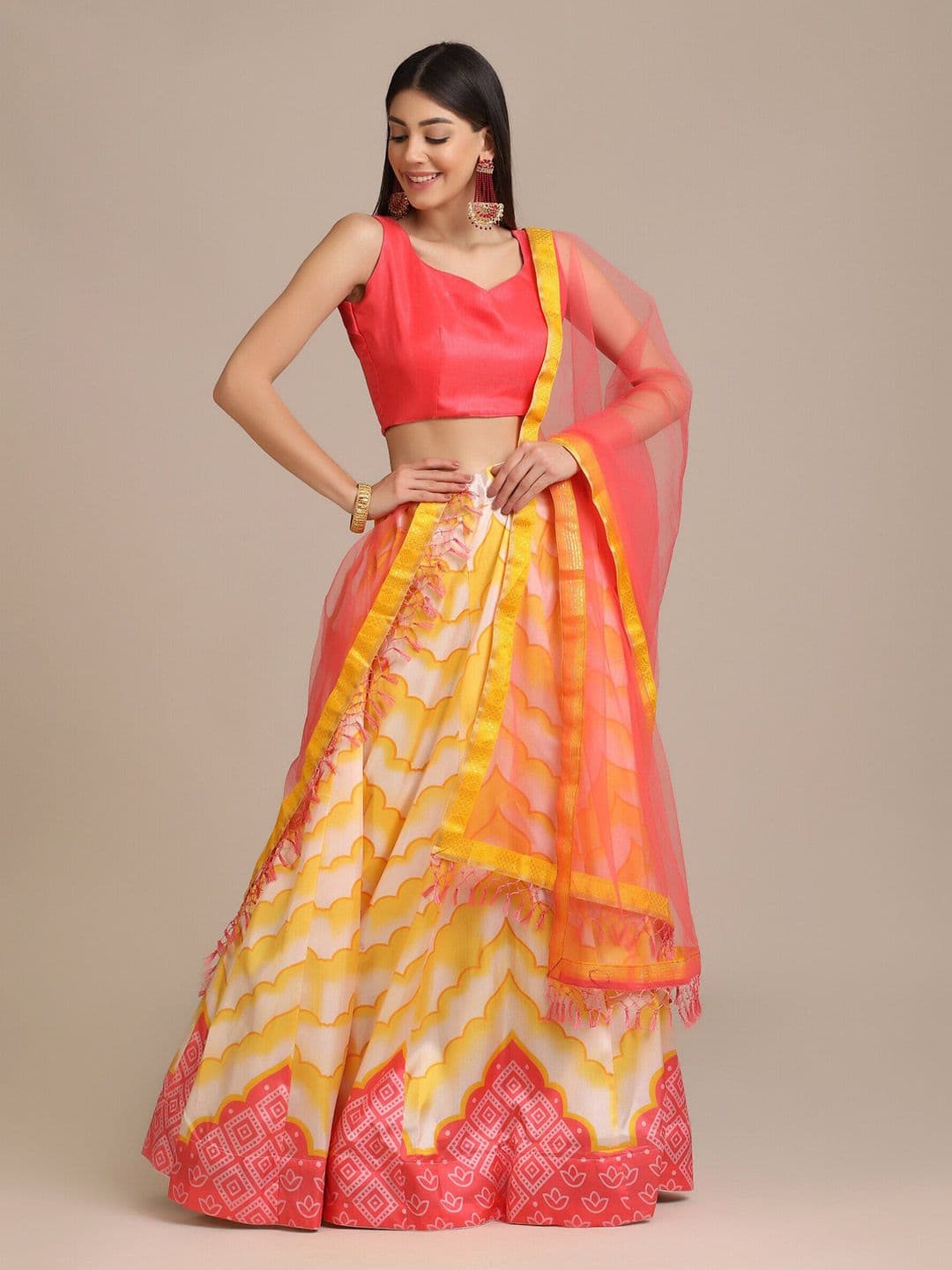Warthy Ent White & Red Printed Semi-Stitched Lehenga & Unstitched Blouse With Dupatta - view 1