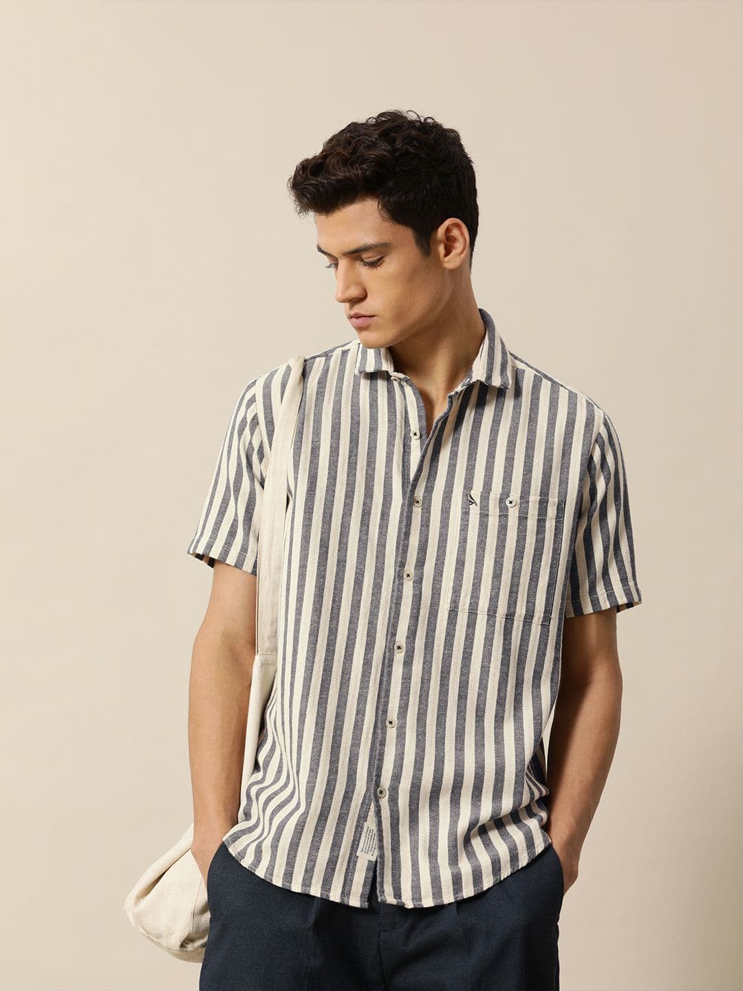 Mr Bowerbird Men Beige & Navy Blue Striped Casual Shirt - view 1