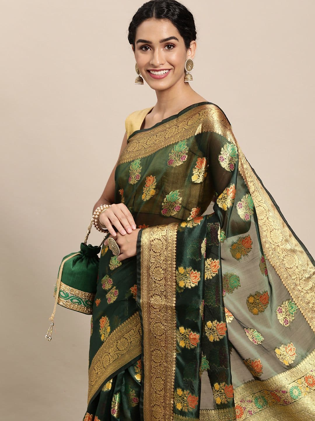 Mitera Green Floral Zari Organza Kanjeevaram Saree - view 1