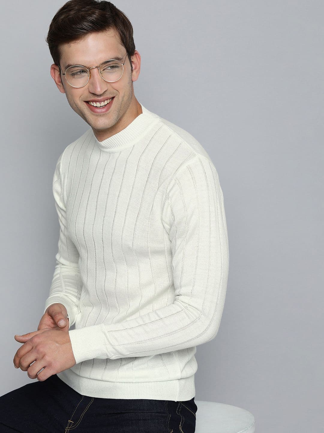Mast & Harbour Men White Striped Turtle Neck Pullover