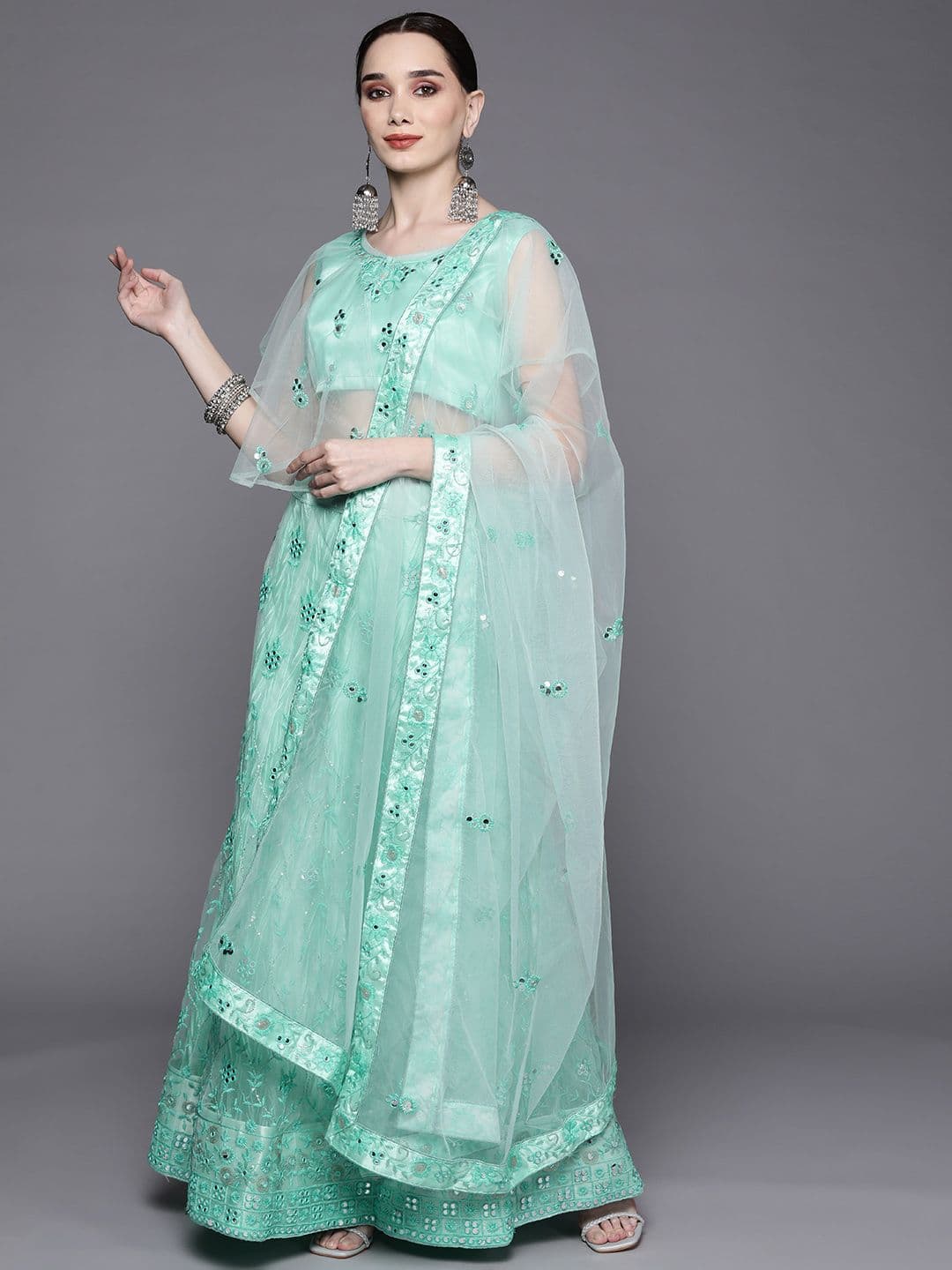 Chhabra 555 Turquoise Blue Embroidered Mirror Work Semi-Stitched Lehenga & Unstitched Blouse With Dupatta - view 1