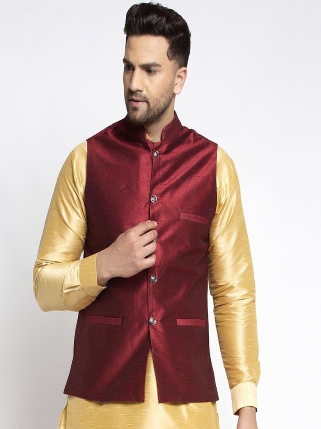 Kaifoo Men Maroon Solid Woven Nehru Jackets - view 1