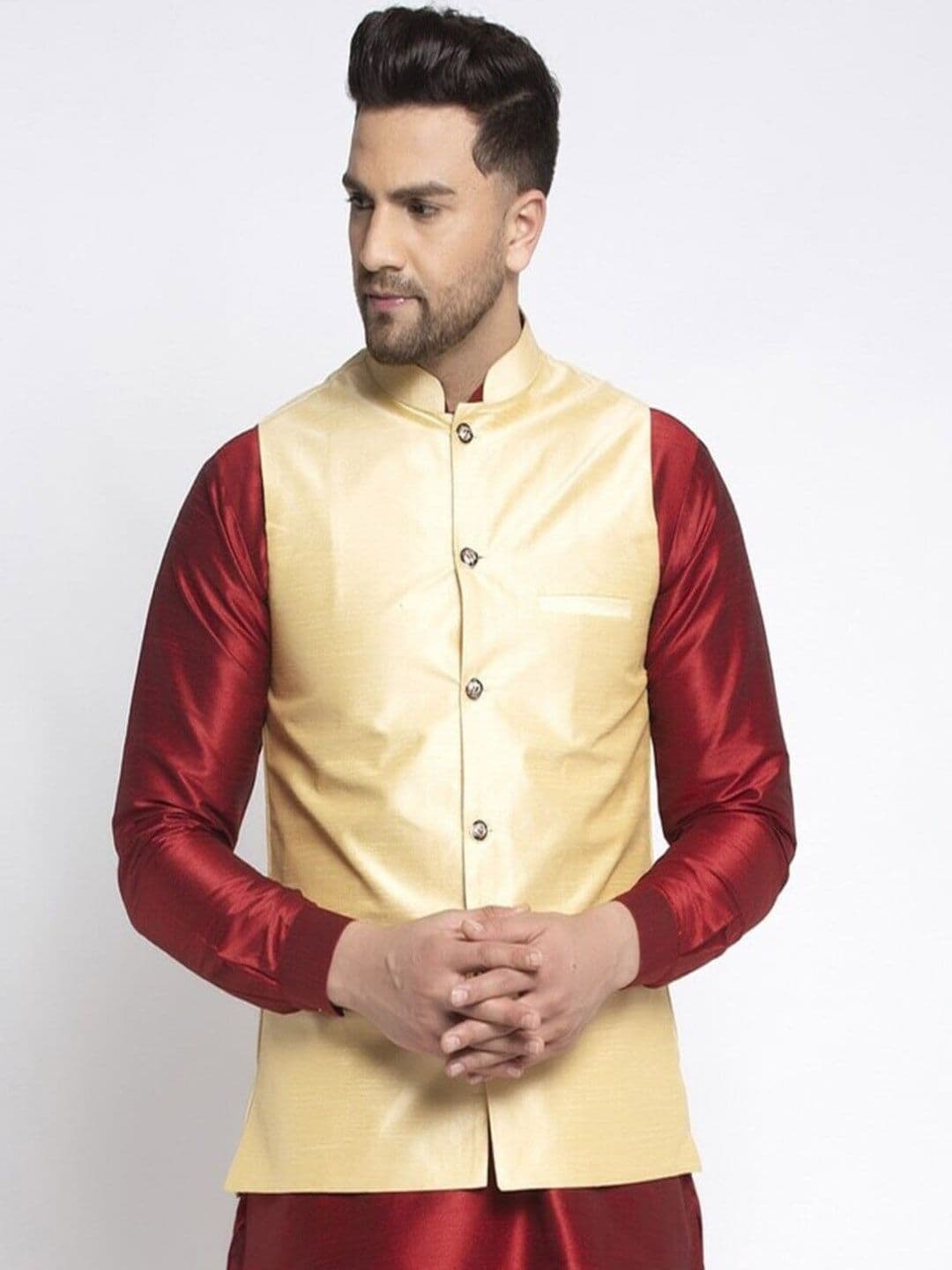 Kaifoo Men Gold-Coloured Solid Woven Nehru Jackets - view 1