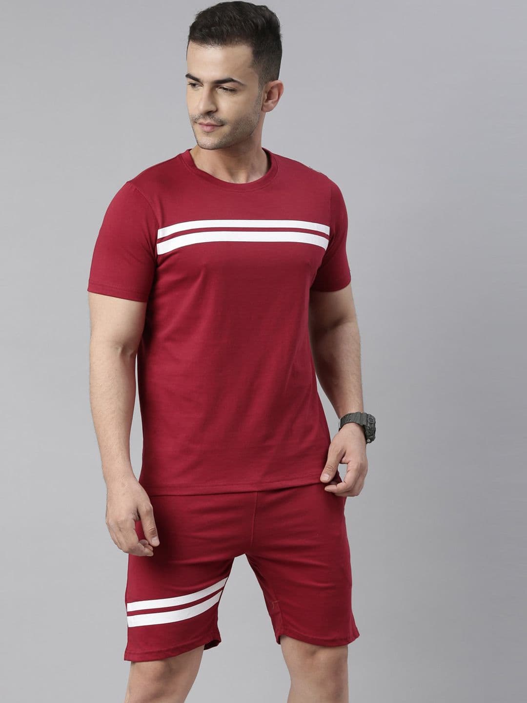 Bushirt Men Maroon & White Striped Night Suit - view 1