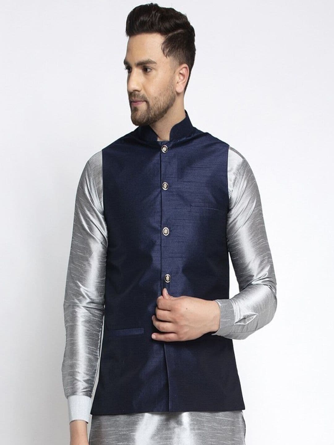 Kaifoo Men Navy Blue Solid Silk Nehru Jackets - view 1