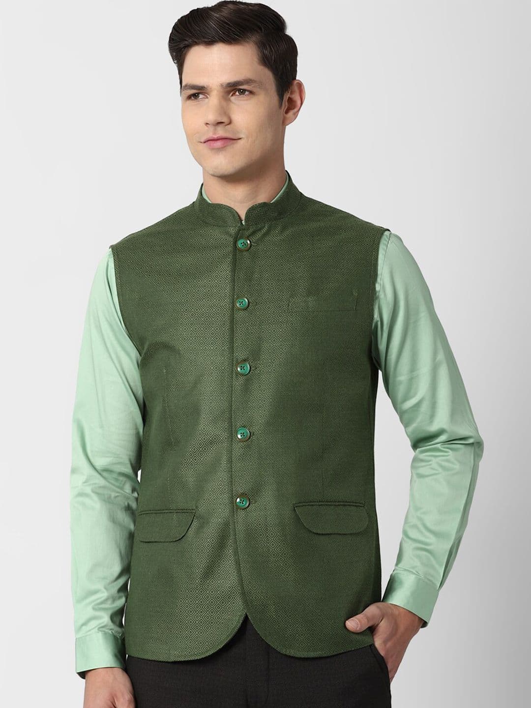 Peter England Elite Men Olive Green Woven Design Nehru Jacket - view 1