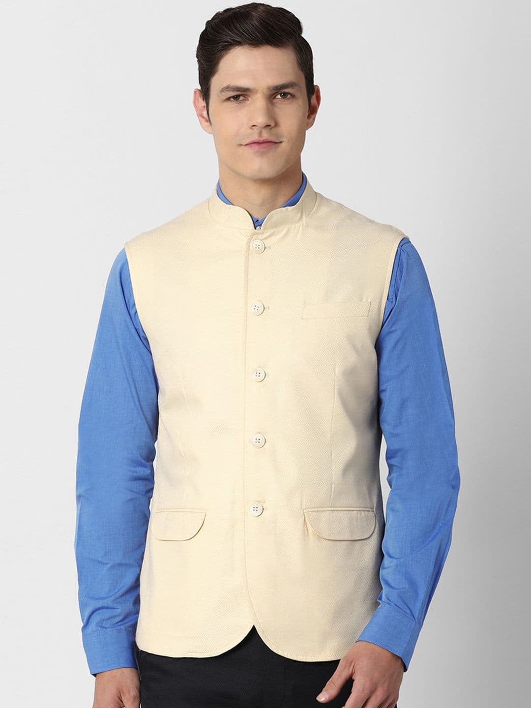Peter England Elite Men Cream Printed Nehru Jackets - view 1