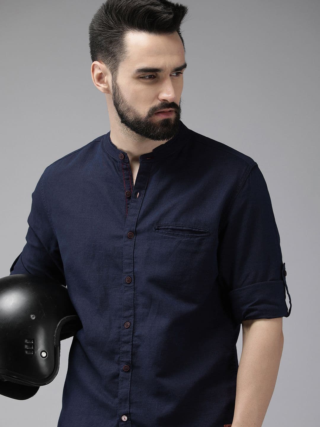 The Roadster Lifestyle Co. Men Navy Blue Solid Cotton Linen Roll-Up Sleeves Casual Shirt - view 1
