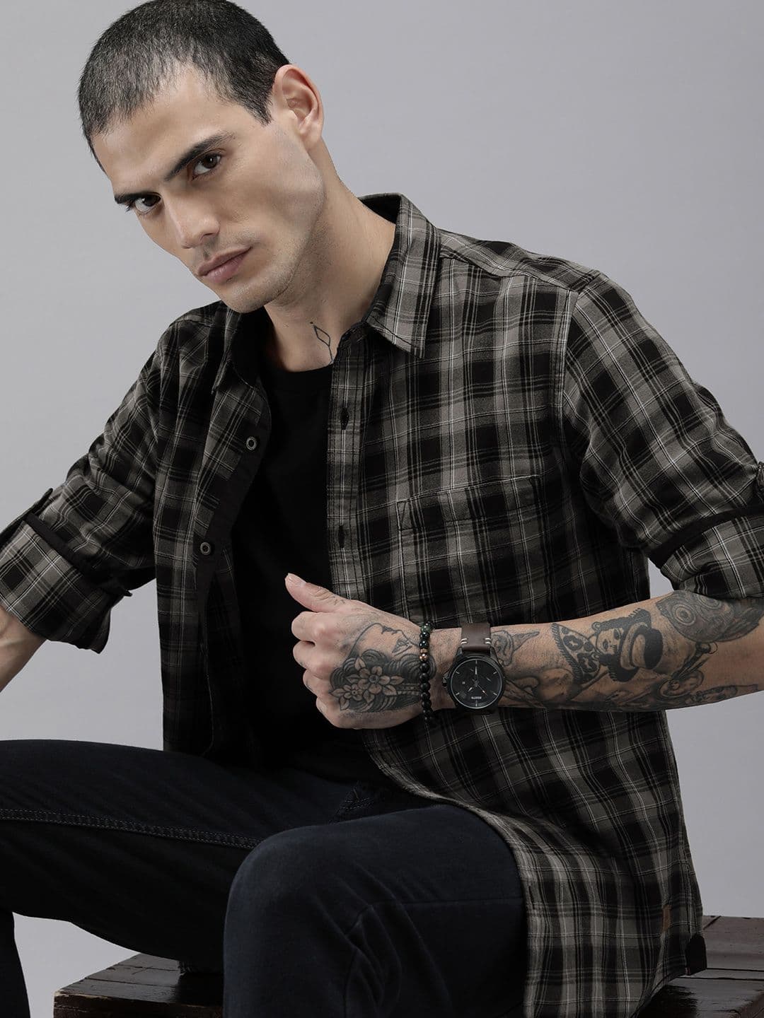 The Roadster Lifestyle Co. Men Grey & White Checked Pure Cotton Casual Shirt - view 1