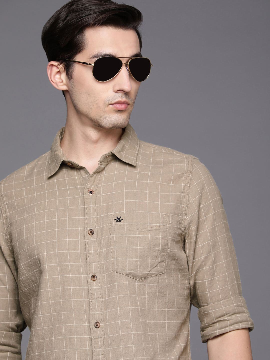 WROGN Men Khaki Slim Fit Checked Cotton Casual Shirt - view 1