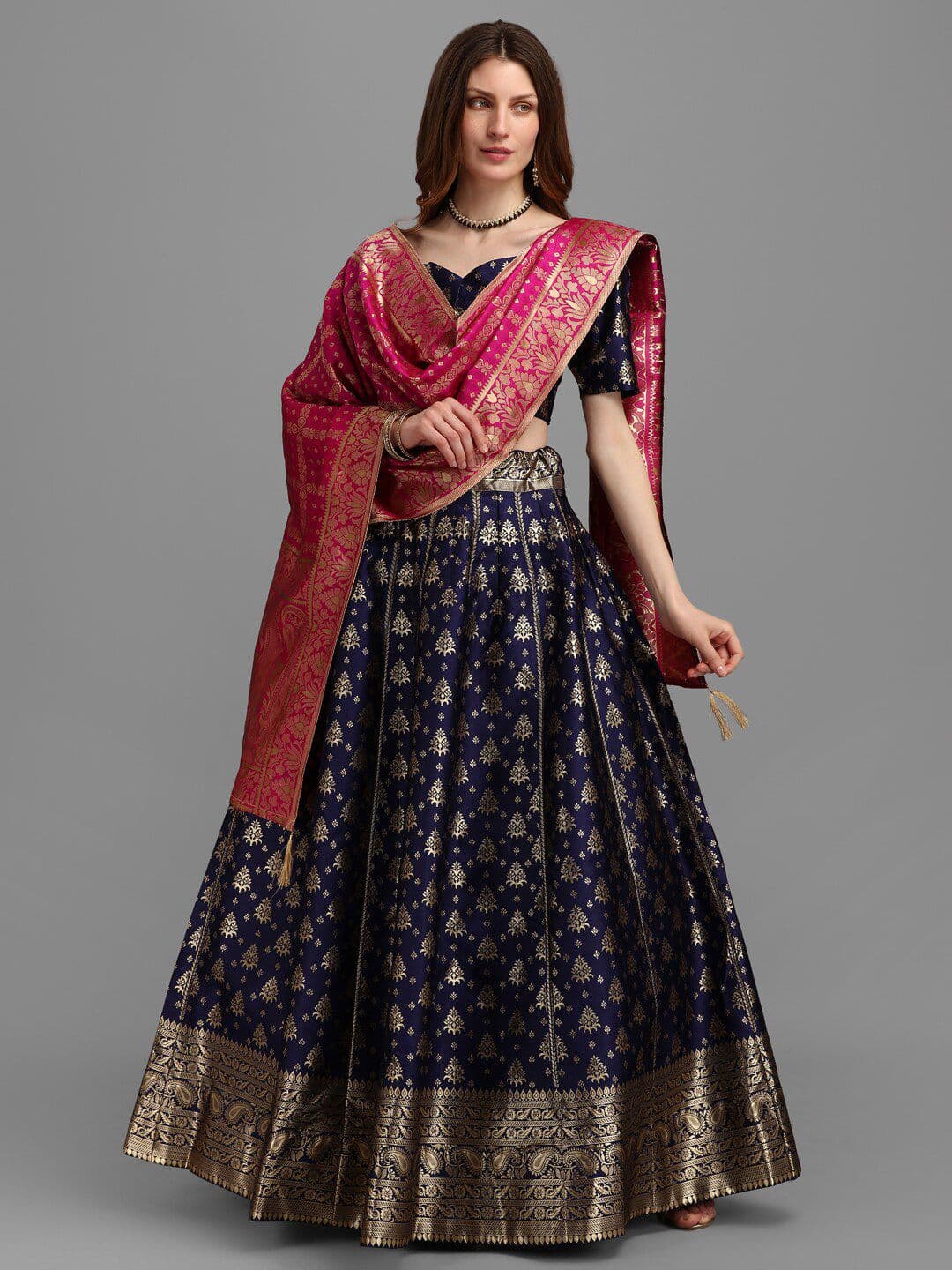 PURVAJA Navy Blue & Pink Semi-Stitched Lehenga & Unstitched Blouse With Dupatta - view 1
