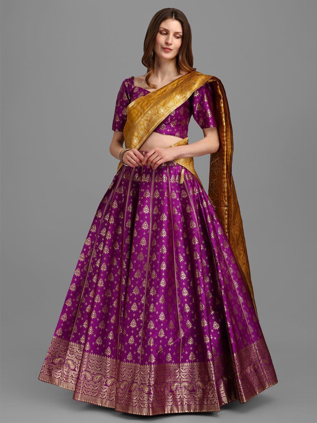 PURVAJA Magenta & Purple Zardozi Semi-Stitched Lehenga & Unstitched Blouse With Dupatta - view 1