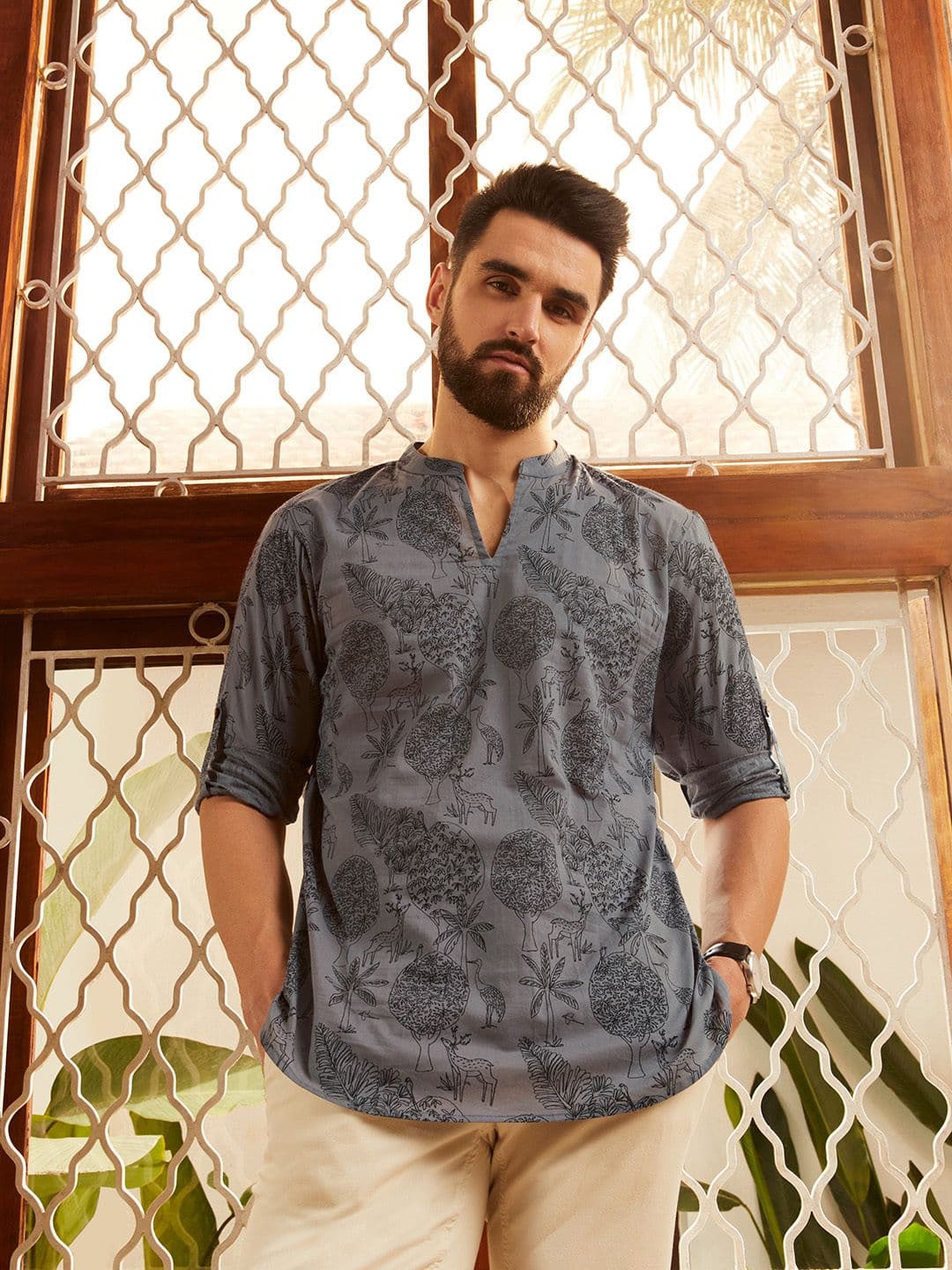 Anouk Men Grey Quirky Printed Cotton Short Kurta - view 1