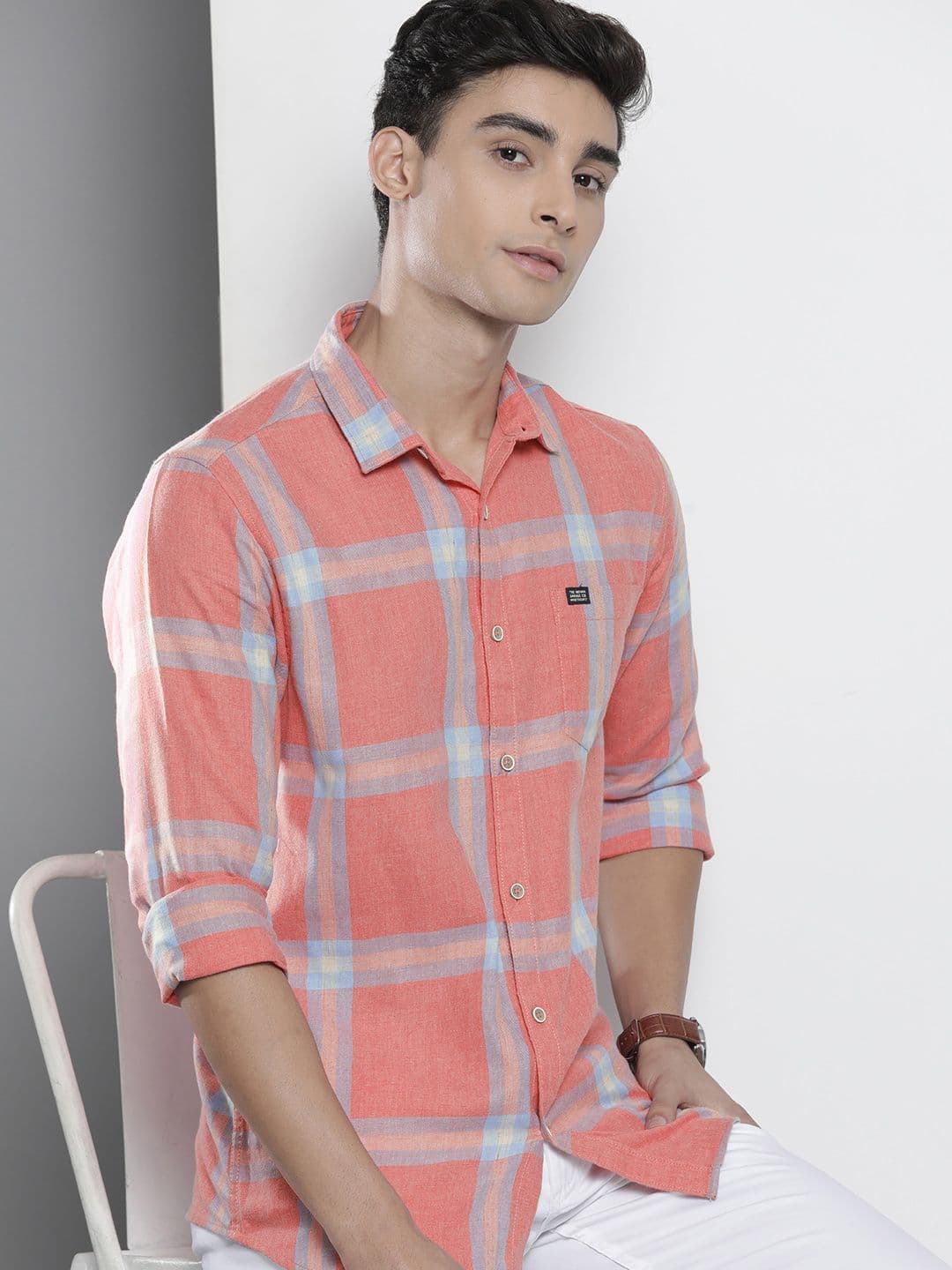 The Indian Garage Co Men Coral Pink & Blue Checked Pure Cotton Casual Shirt - view 1