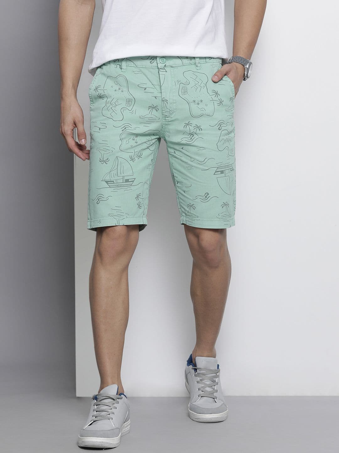 The Indian Garage Co Men Pastel Green Printed Slim Fit Cotton Chino Shorts - view 1