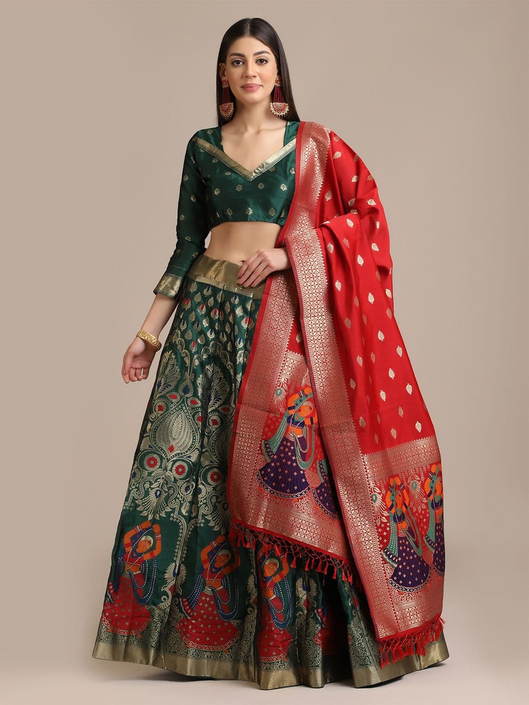 Warthy Ent Green & Red Semi-Stitched Lehenga & Unstitched Blouse With Dupatta - view 1