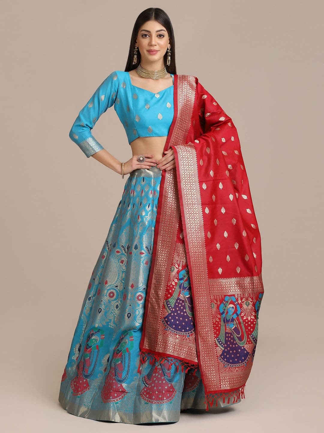 Warthy Ent Turquoise Blue & Red Semi-Stitched Lehenga & Unstitched Blouse With Dupatta - view 1