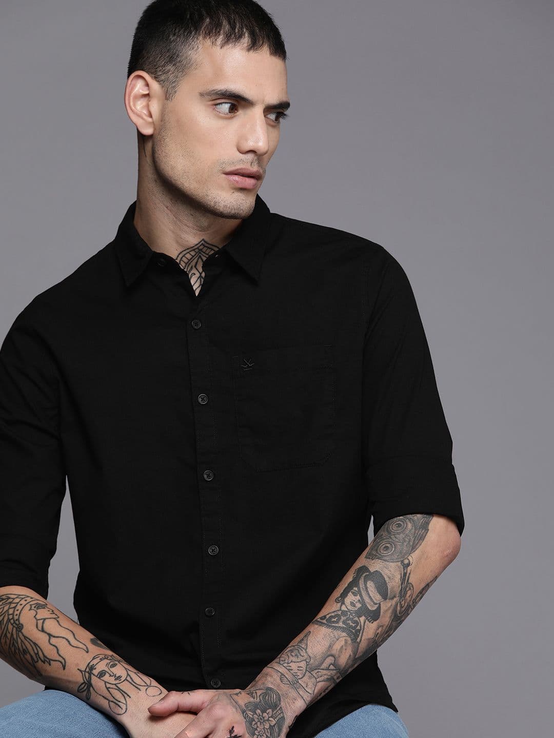WROGN Men Black Solid Slim Fit Pure Cotton Casual Shirt - view 1