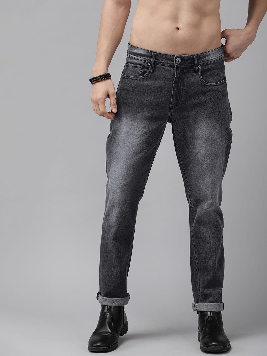 The Roadster Lifestyle Co Men Grey Tapered Fit Heavy Fade Stretchable Jeans - view 1