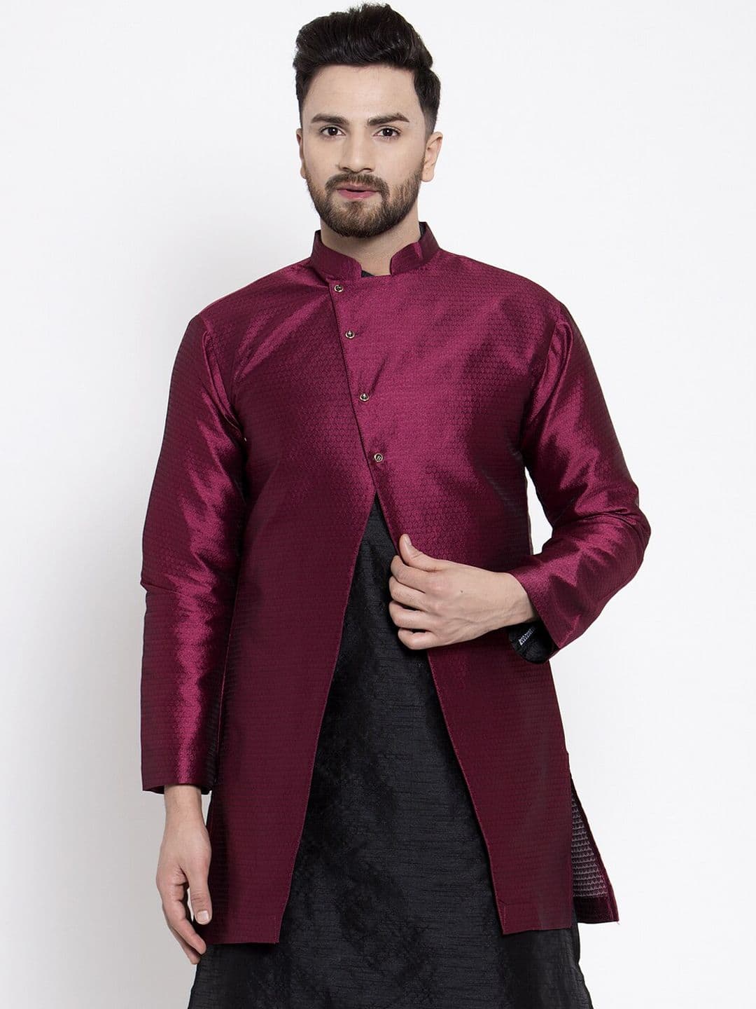 Kaifoo Men Maroon Striped Longline Tailored Jacket - view 1