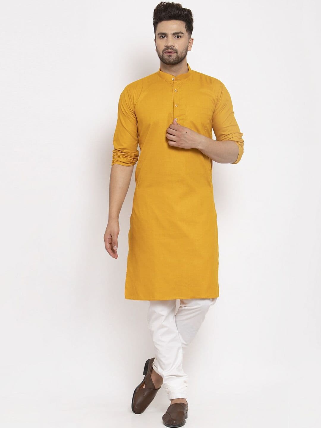 Kaifoo Men Mustard Yellow Solid Cotton Blend Long Kurta - view 1