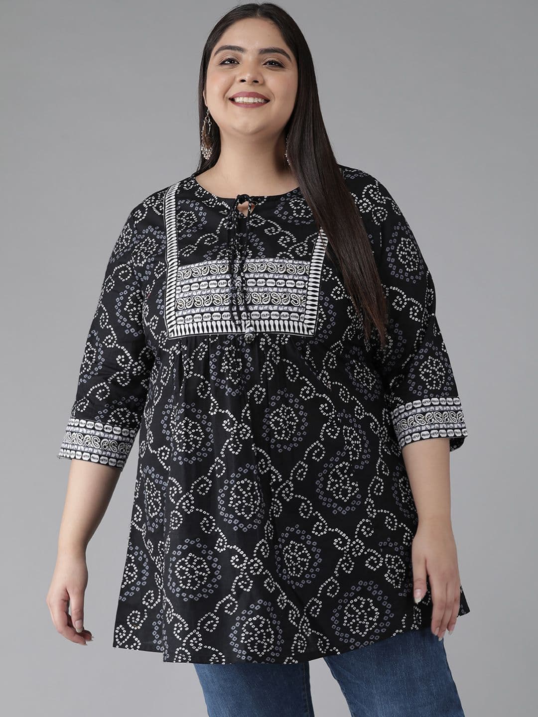 YASH GALLERY Plus Size Women Black & White Bandhani Printed Kurti - view 1