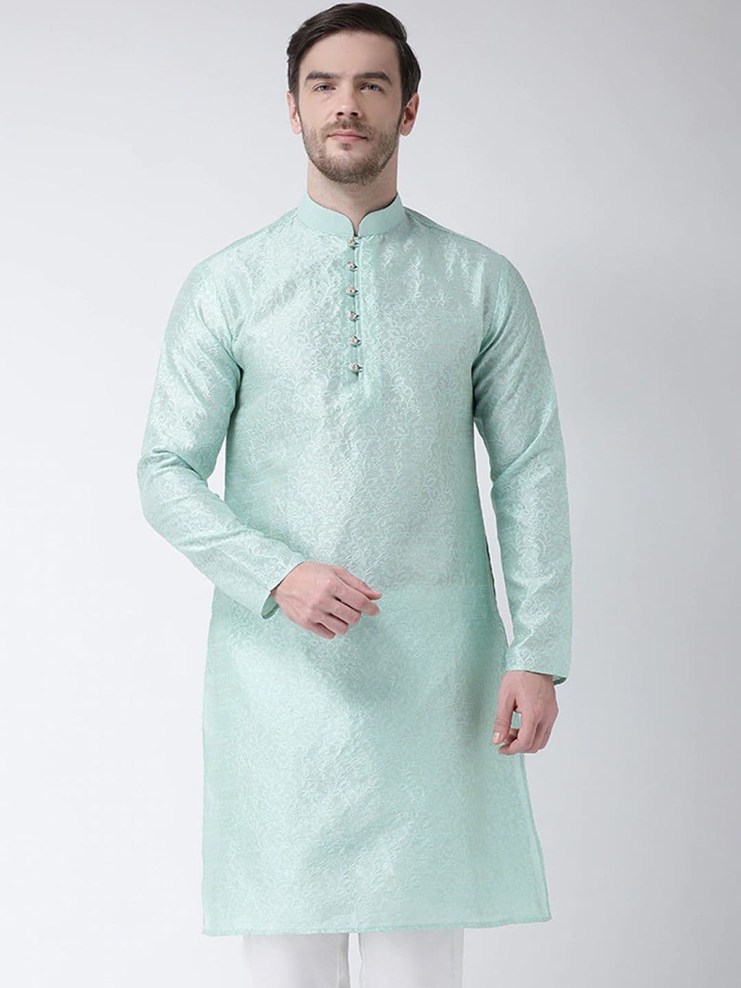 SG LEMAN Men Sea Green Jacquard Kurta - view 1