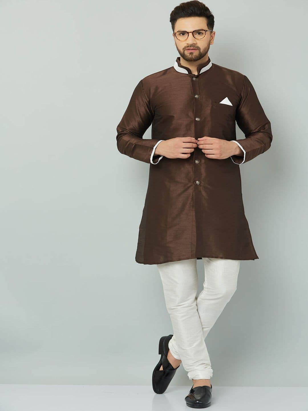 Kaifoo Men Brown & White Solid Sherwani