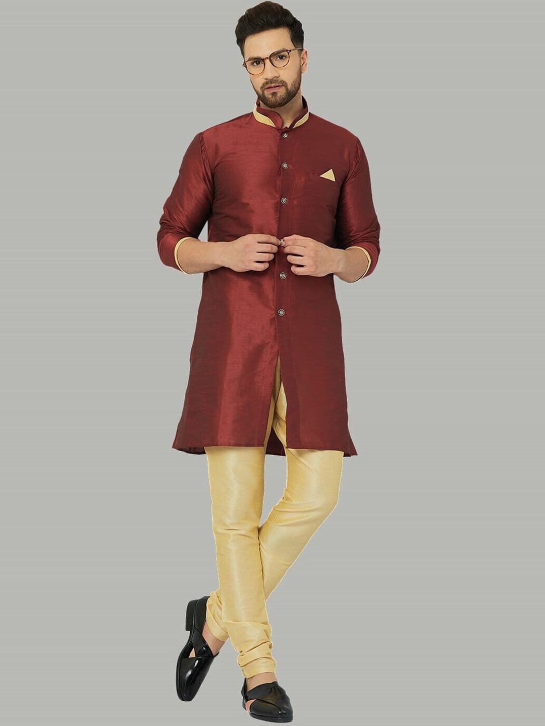 Kaifoo Men Maroon & Gold-Coloured Solid Sherwani Set