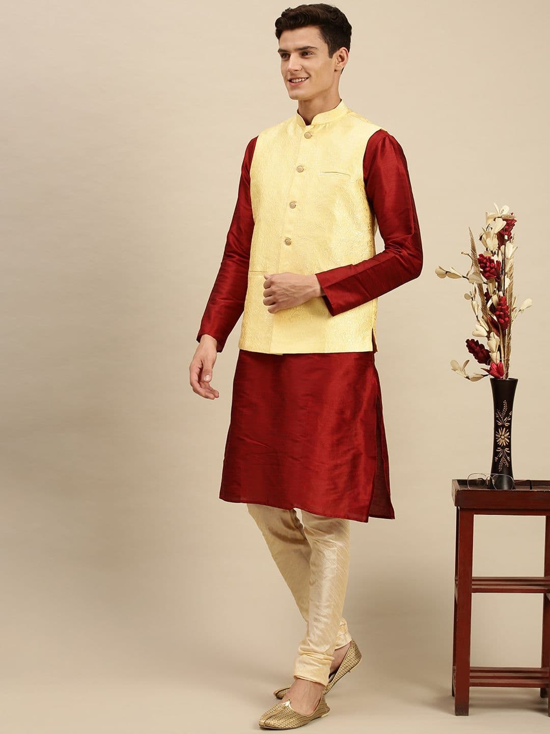 Sanwara Men Yellow Woven Design Nehru Jackets - view 1