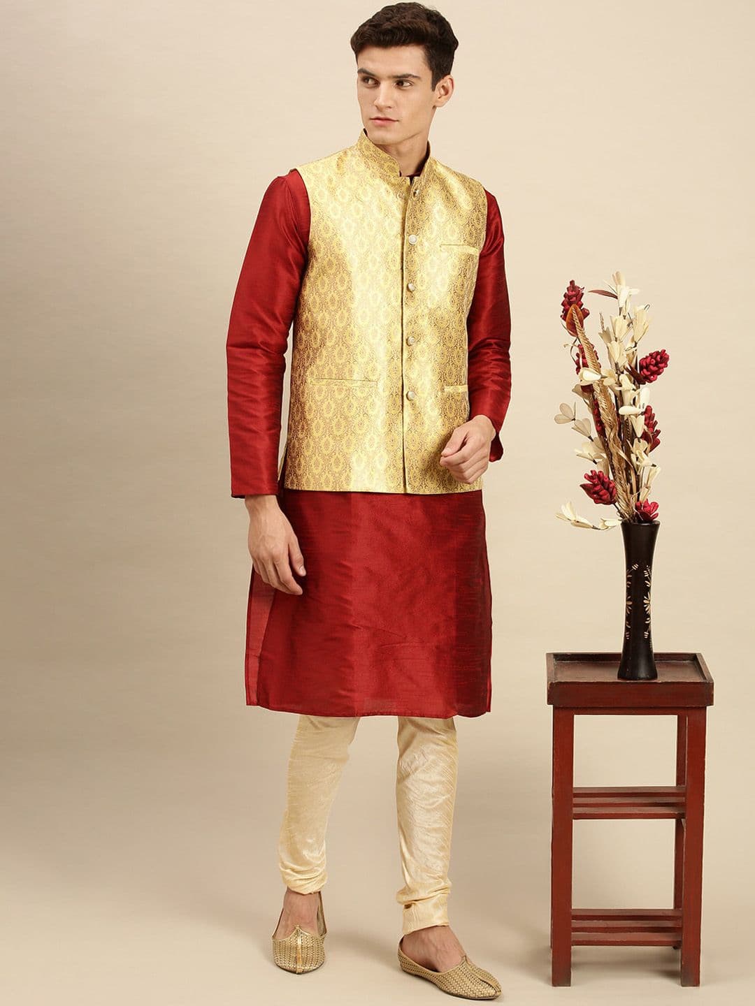 Sanwara Men Yellow Printed Regular Fit Woven Nehru Jackets - view 1