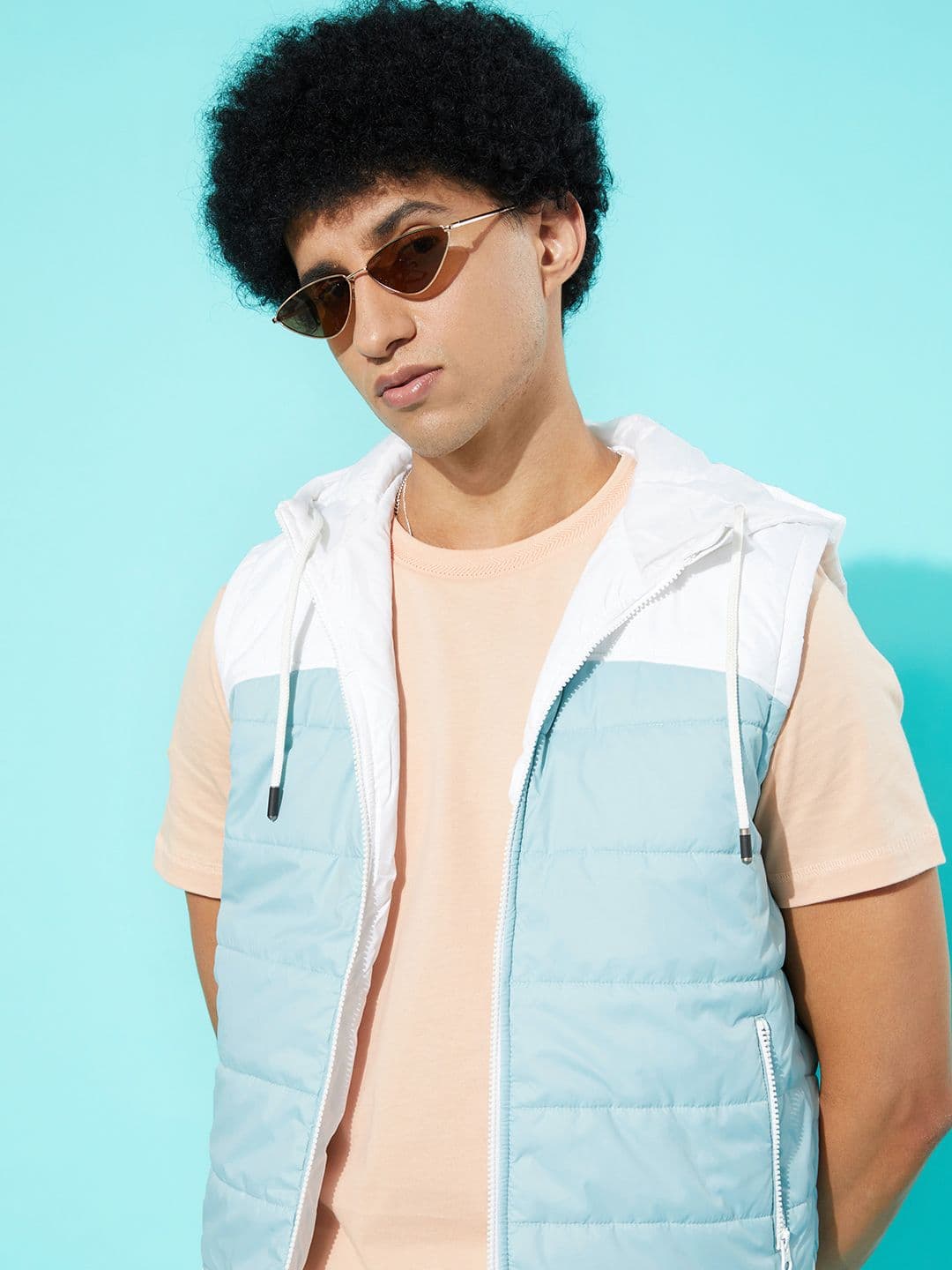 The Roadster Lifestyle Co. Men White And Light Blue Colourblocked Hooded Padded Jacket - view 1