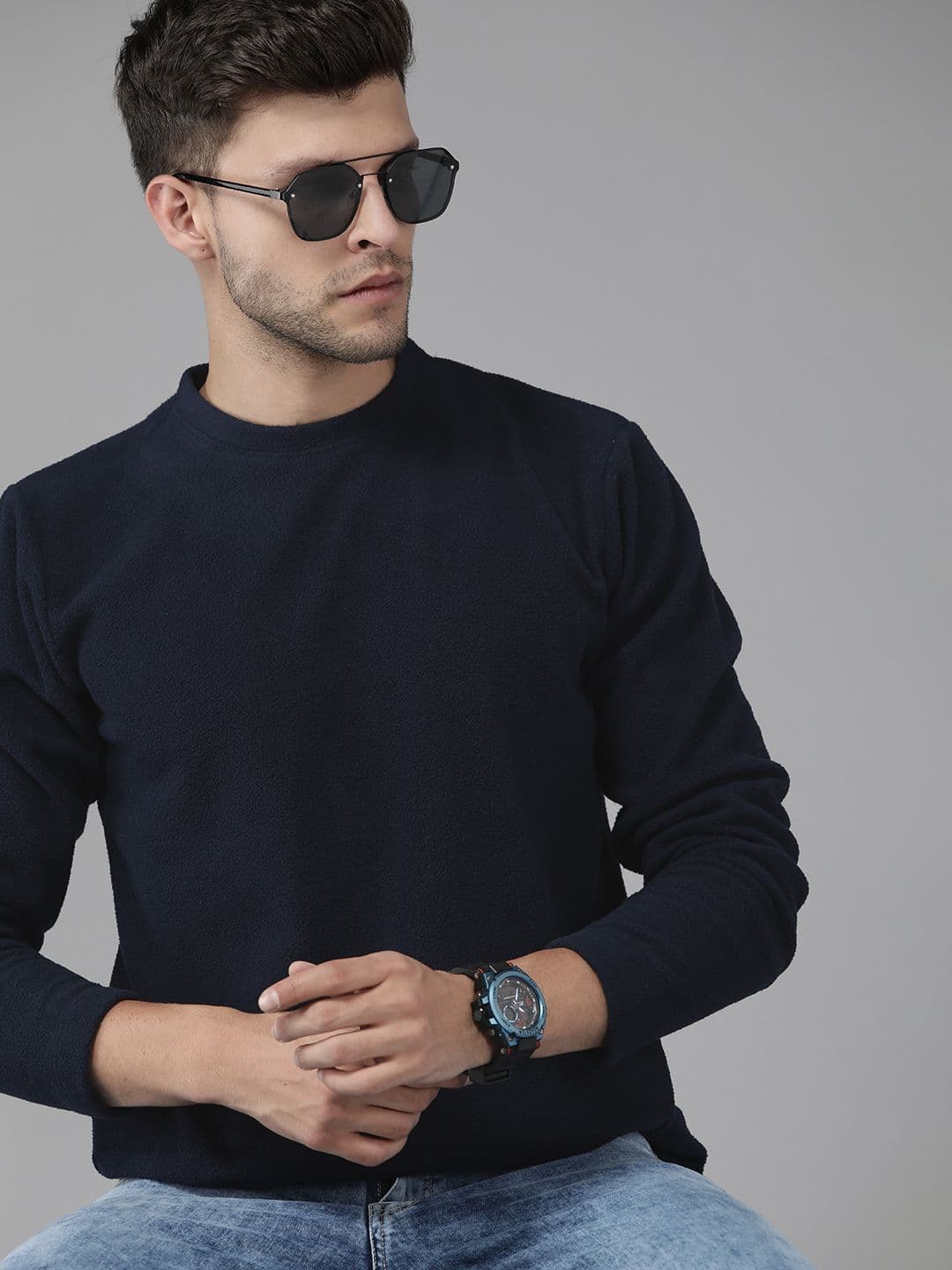 Roadster Men Navy Blue Solid Fleece Sweatshirt - view 1