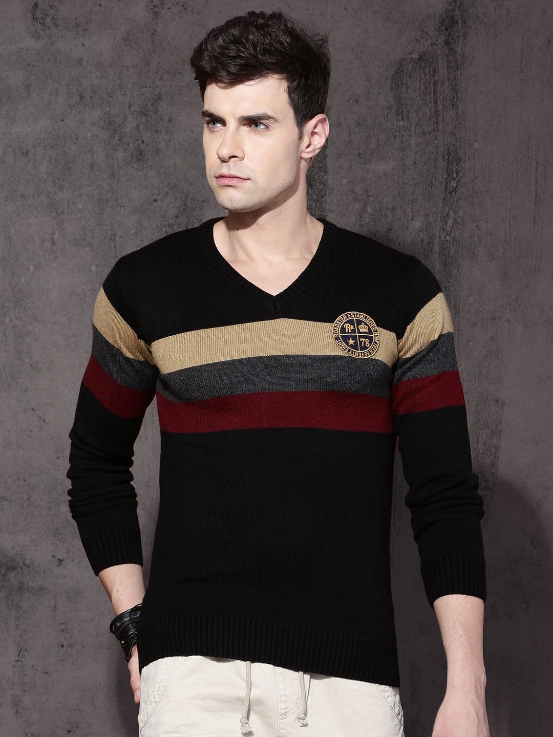 Roadster Men Black & Red Striped Pullover - view 1