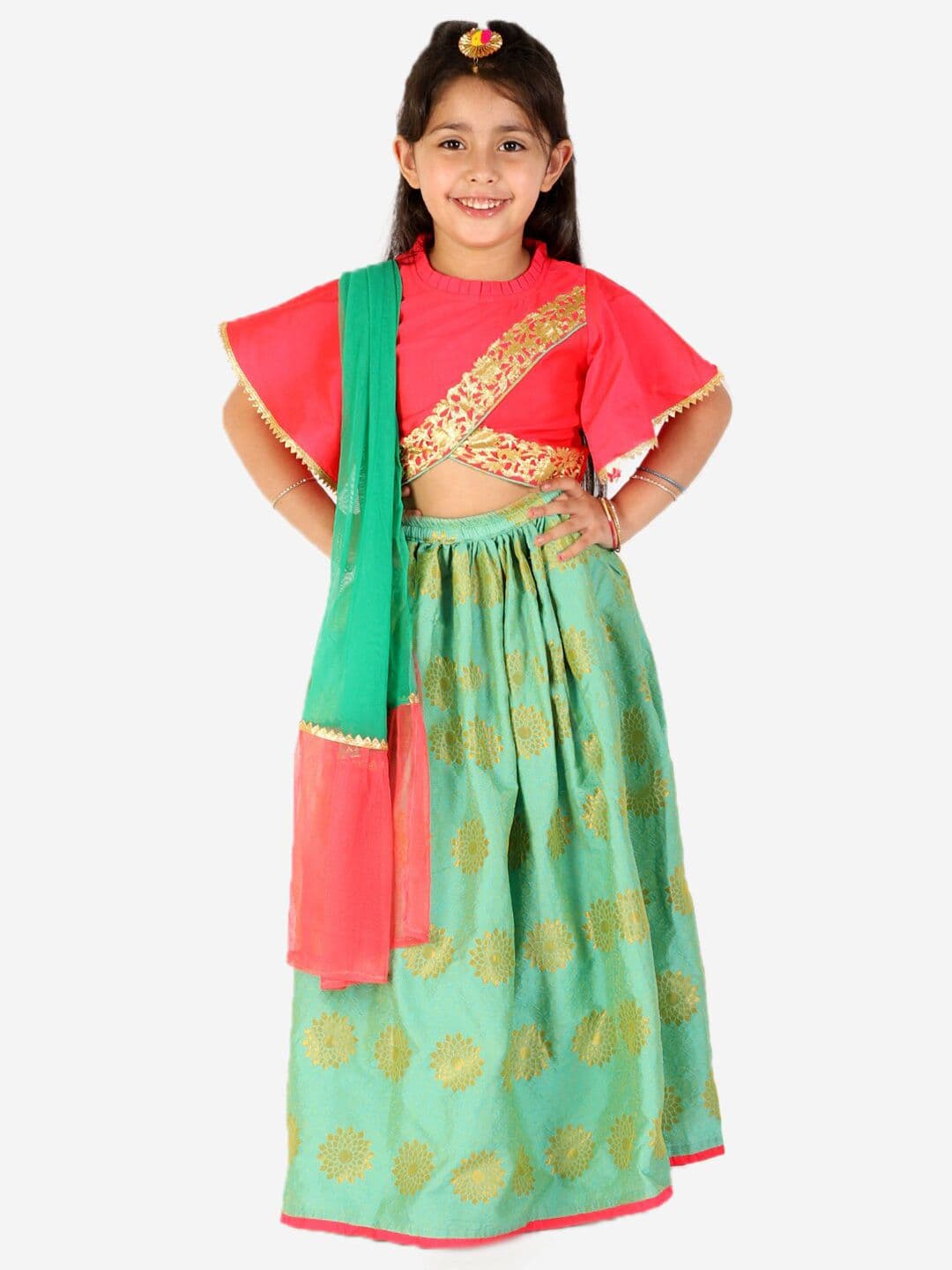 KID1 Girls Green & Red Embellished Ready to Wear Lehenga & Blouse With Dupatta - view 1