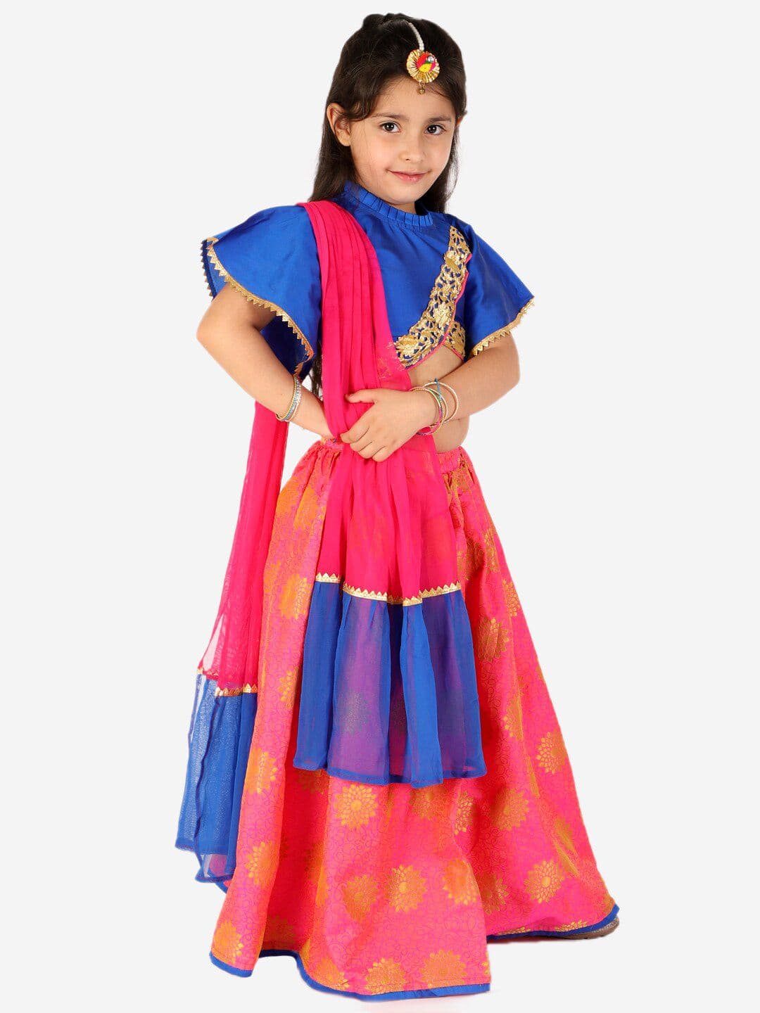 KID1 Girls Blue & Pink Embellished Ready to Wear Lehenga & Blouse With Dupatta - view 1