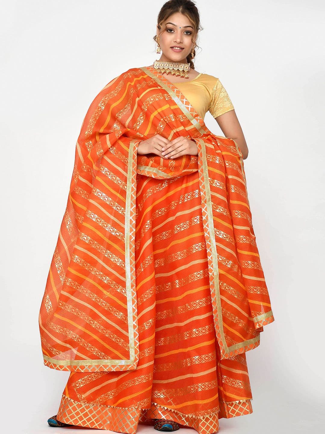 Kesarya Orange & Gold-Toned Foil Print Ready to Wear Lehenga & Unstitched Blouse & Dupatta - view 1
