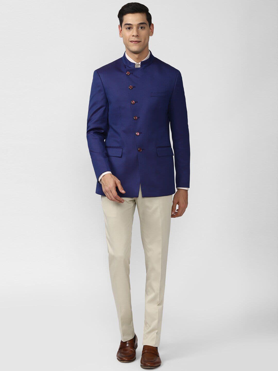 Peter England Elite Men Blue & Cream-Coloured Solid Single-Breasted 2-Piece Slim-Fit Bandhgala Suit