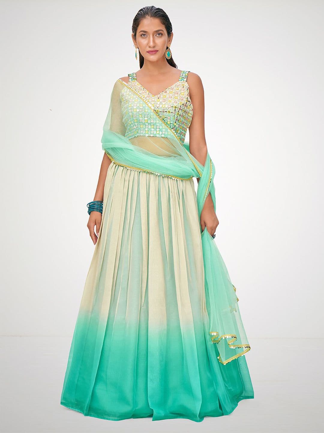 SHOPGARB Blue & Cream-Coloured Embellished Semi-Stitched Lehenga & Unstitched Blouse With Dupatta - view 1