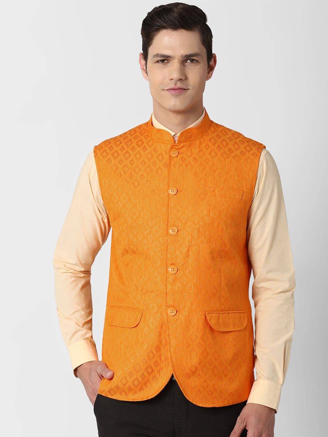 Peter England Elite Men Orange Printed Woven Nehru Jackets - view 1