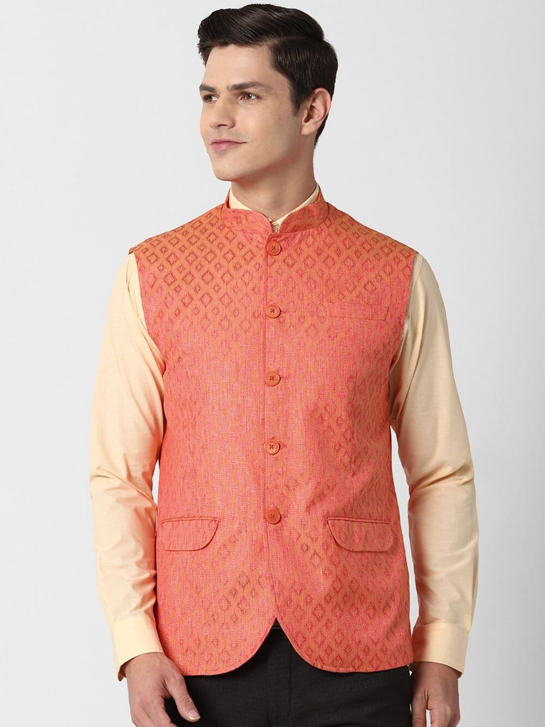 Peter England Elite Men Orange Woven Design Nehru Jackets - view 1