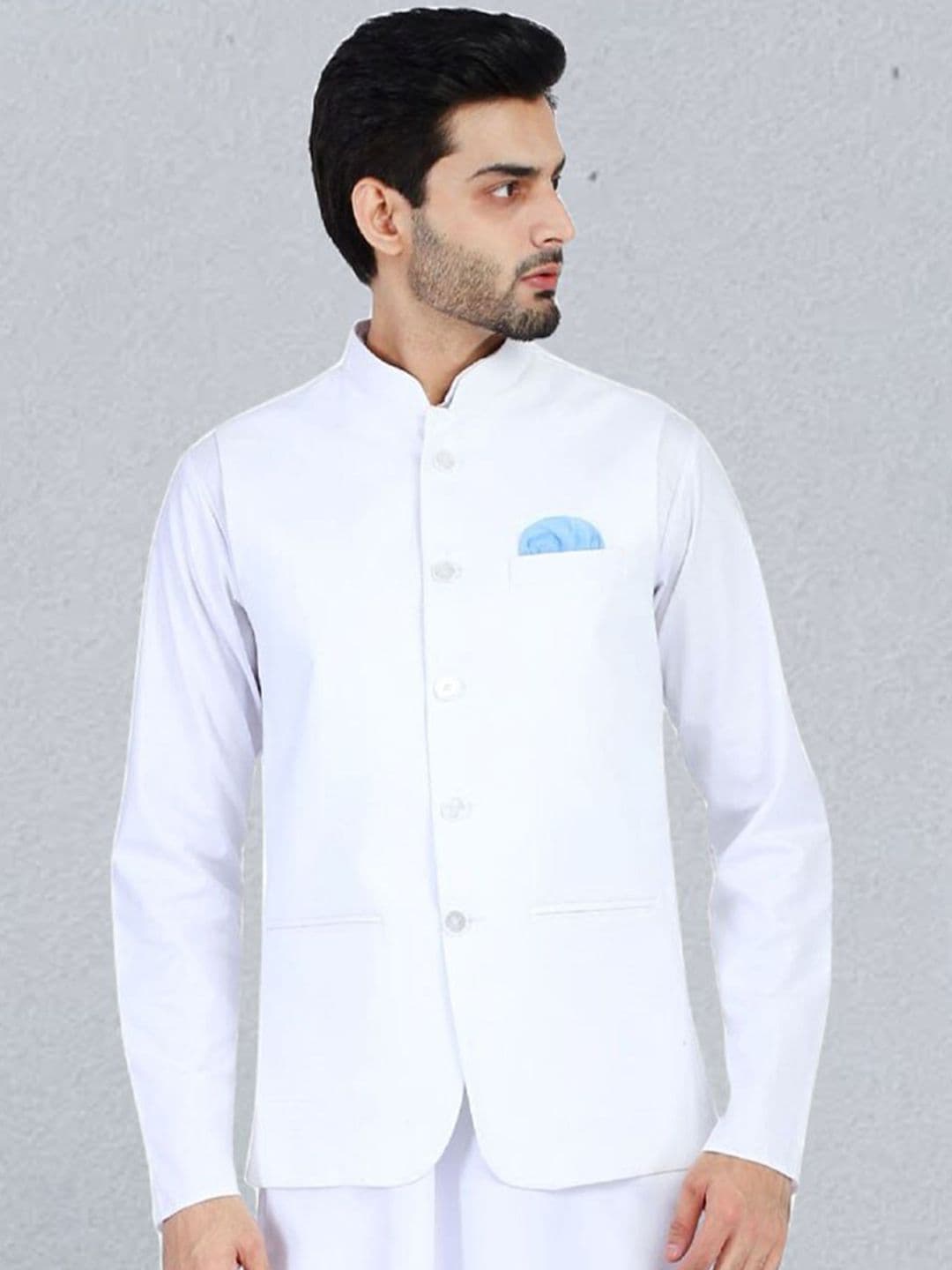TAHVO Men White Solid Woven Nehru Jacket - view 1