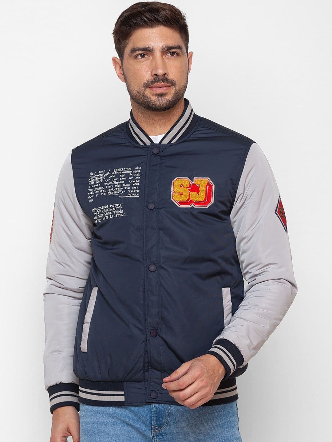 SPYKAR Men Blue Colourblocked Bomber with Patchwork Jacket - view 1