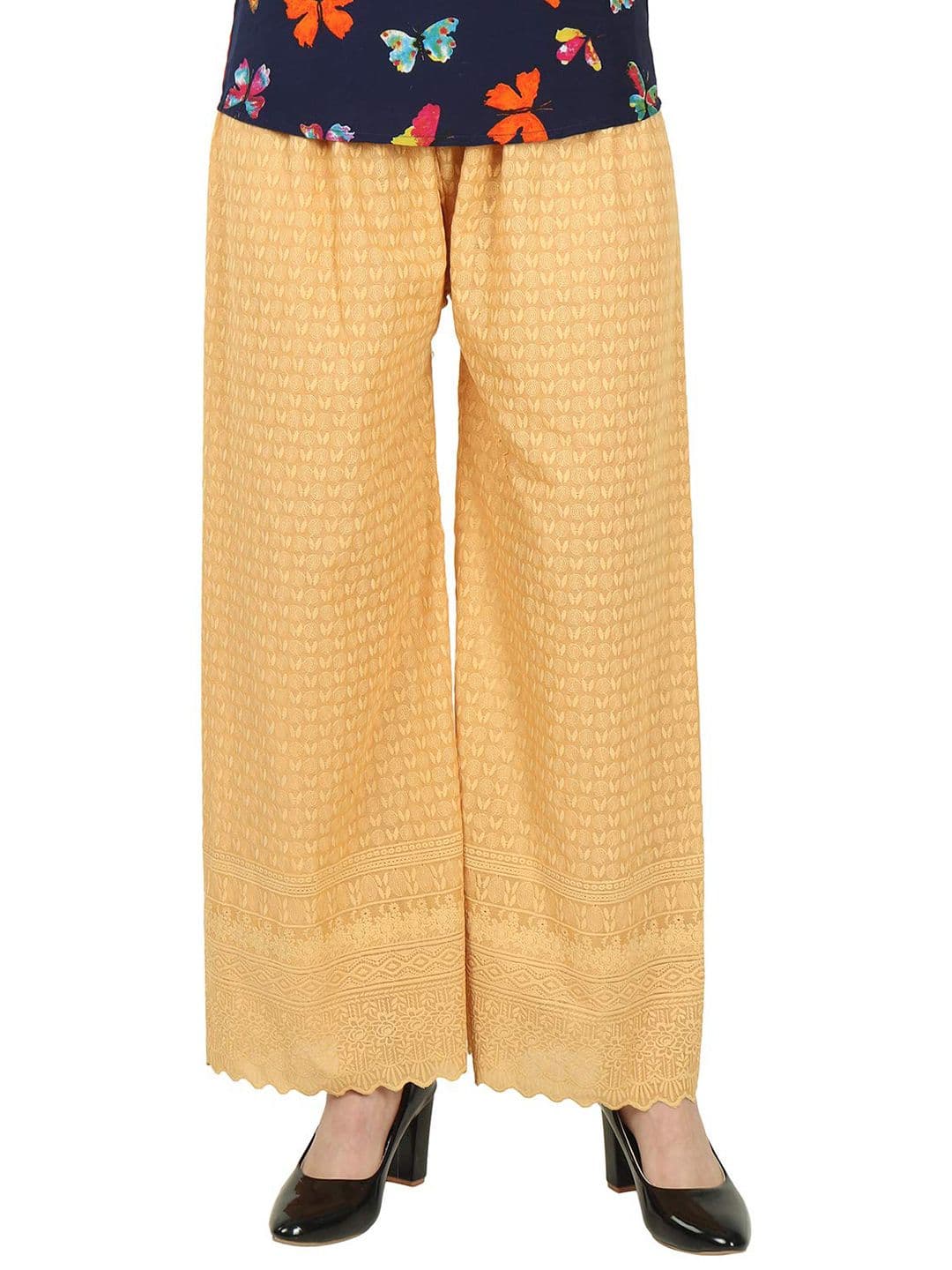 Trendzmy Women Beige Floral Embroidered Flared Handloom Palazzos - view 1