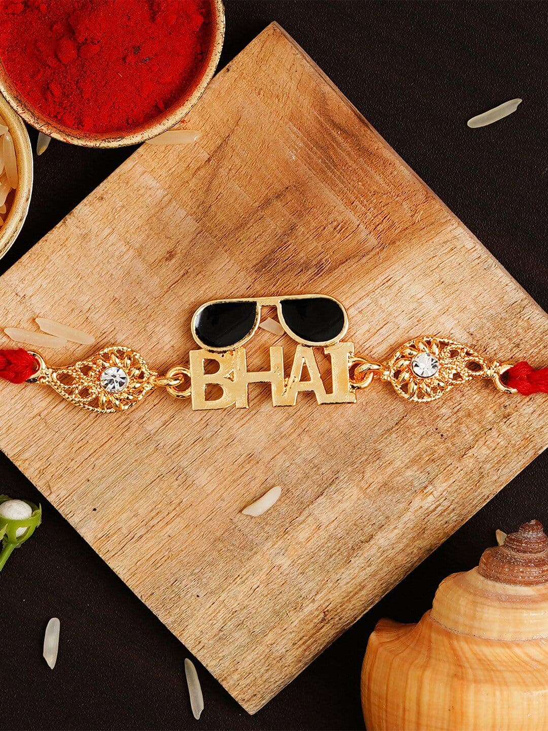 eCraftIndia Red & Gold-Toned Bhai Studded Rakhi - view 1