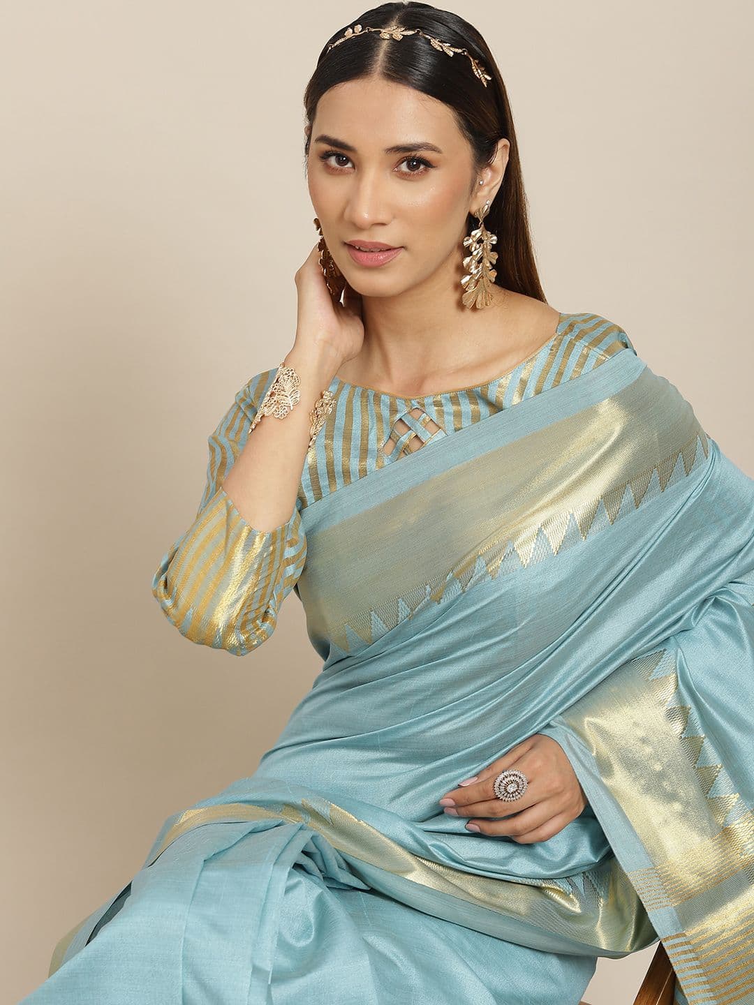 KALINI Turquoise Blue & Gold-Toned Woven Design Silk Blend Kasavu Saree - view 1